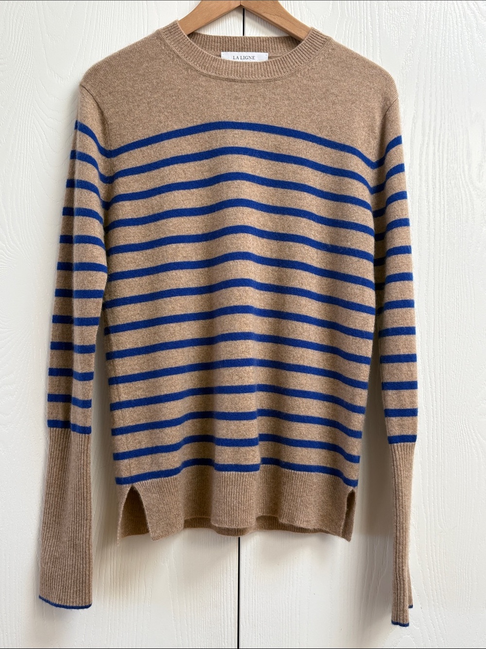 NWOT La Ligne Camel and Blue Striped Crewneck Cashmere Sweater